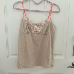 American Eagle Cami L | Tan Orange Embroidered Floral Adjustable Spaghetti Strap